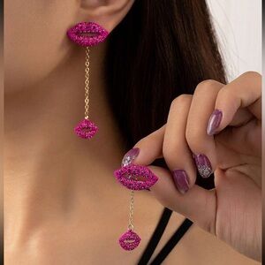Hot Pink Rhinestone Lips Earrings